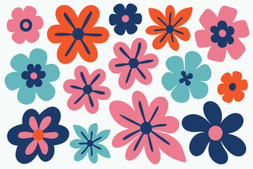Colorful and whimsical floral pattern featuring a variety of retro groovy flowers on a white background.