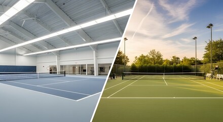 Split view of indoor and outdoor tennis courts