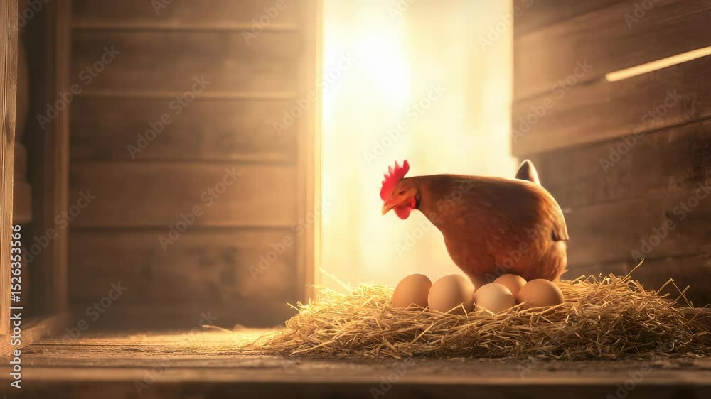 Poster brown hen sitting on fresh eggs in a nest of straw inside a wooden chicken coop, illuminated by warm