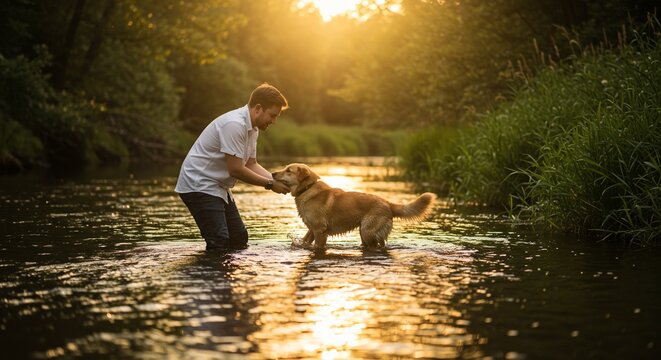 Man and Golden Retriever Enjoying a Sunset Dip in a Forest Stream