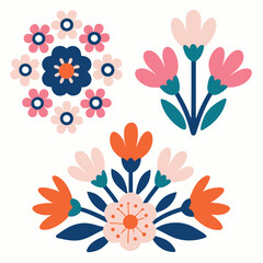 Colorful floral arrangements in a folk art style with vibrant pink and orange flower designs