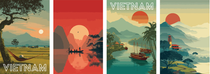 Vietnam vintage style travel poster set. Collection of scenic art deco retro tourism illustrations