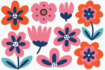 Colorful groovy flower designs with orange pink and navy blue petals and leaves