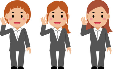 笑顔でOKサインを出すグレースーツの若い女性。その2