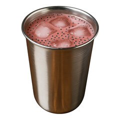 Rose Sharbat in Steel Tumbler with Ice and Basil Seeds