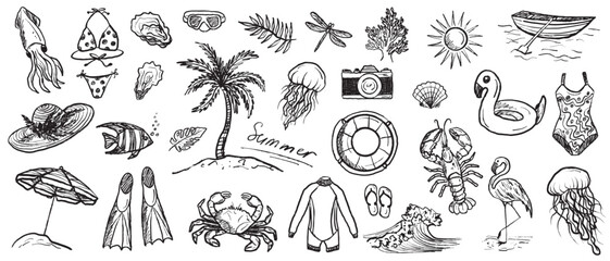 Sea vacation equipment in black brush stroke texture isolated on white. Hand drawn vector sketch illustration in vintage charcoal ink. Palm tree on a beach, marine animals design