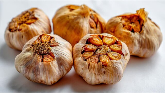 Five bulbs of garlic are arranged closely.