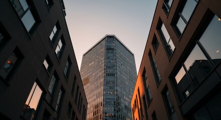 Modern architecture Glass skyscraper framed by buildings at dusk low angle view