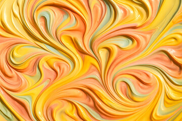 Fototapeta premium Swirling Pastel Paints in Shades of Yellow, Peach, and Mint Green – A Vivid Abstract Composition Showcasing Creamy Texture and Colorful Movement, Perfect for Backgrounds, Art Projects, Design Concepts