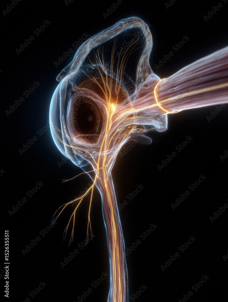 Poster 3D Rendering of Optic Nerve and Eye Anatomy With a Futuristic Glow, Revealing Intricate Details and Clean Upper Margin Design