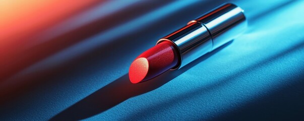 International makeup day with lipstick and cosmetics idea. Lipstick with vibrant red hue and dramatic lighting effects.
