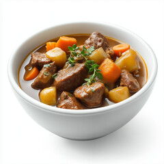 Bowl of hearty rich beef stew with potatoes and vegetables comfort food isolated on a white background