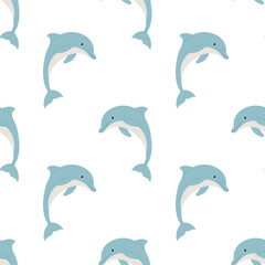 Naklejka premium Seamless pattern with playful dolphin on white background. For sea or oceanic themes, packaging and textile designs.
