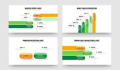 Financial Insight Four Five Two Three Element Diagram Slideshow Design Vector Illustration Bundle. Corporate Innovation 4 5 2 3 Step Infographic Presentation Layout Set.