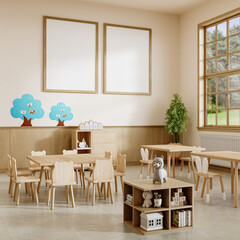 Minimalist Kindergarten Classroom with Twin Frames and Blue Tree Decor – Front View
