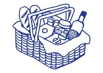 Hand-Drawn Picnic Basket Clipart,Summer Food Basket. Vector illustration.