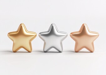 Shiny 3D gold, silver, and bronze stars placed on a clean white background, ideal for ratings, awards, gamification, or achievement-based visuals.