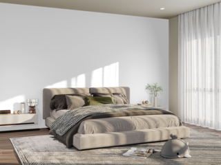  Sunlit Neutral Bedroom with Sheer Curtains and Stylish Bed – Transparent Wall PNG – 3D render