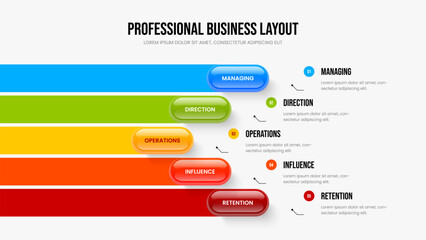 Advertising Launch Slide Design Vector Illustration. Sales Plan 5 Element Infographic Presentation Template. Modern Proposal Five Option Diagram Frame Layout.