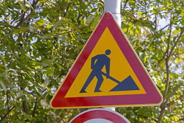 Temporary Road Works Traffic Sign at Pole