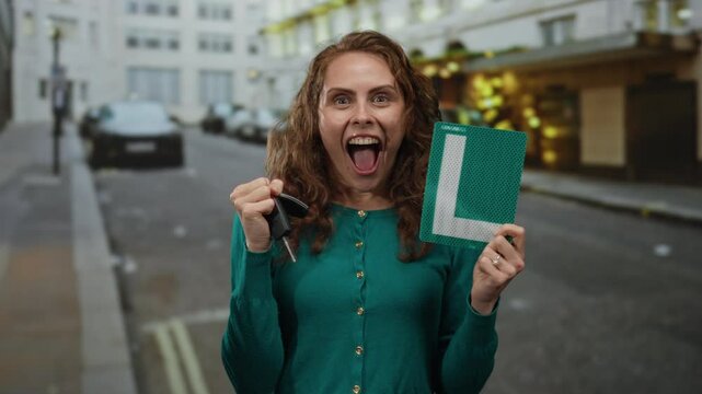 Woman celebrating holding car keys and learner sign on a city street, expressing joy for passing driving test. - Powered by Adobe