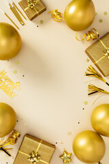 Golden birthday frame. Vertical background with party decorations and central copy space
