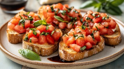 Bruschetta Grilled bread slices topped with tomatoes, basil, and balsamic glaze