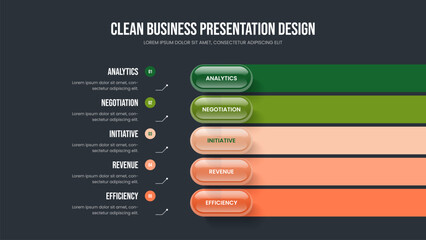 Enterprise Forecast Five Step Diagram Presentation Layout. Advertising Strategy Frame Design Vector Illustration. Professional Briefing 5 Option Infographic Slideshow Template.