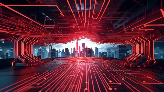 Futuristic red digital interface with circuit patterns extending toward a glowing city skyline in the distance under a high-tech virtual canopy

 - Powered by Adobe