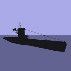 Silhouette of submarine in the sea. Vector illustration in blue shades, for the design of your illustrations in stylish symbolic powerful sea military illustrations and silhouettes