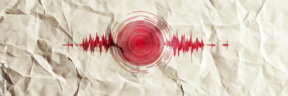 Aufkleber Red seismic waves are spreading from the epicenter of an earthquake, visualized on a crumpled paper background, creating a powerful image of geological activity and potential disaster