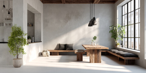 Bright and cozy living room interior with natural light, modern interior with furniture
