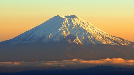 Fototapeta premium Snow-capped volcano sunrise, Japan, clouds, serene landscape, travel