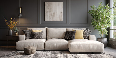 Loft-style living room with a gray sofa, wooden coffee table, brown armchair, A modern gray sofa sits against a textured gray wall, illuminated