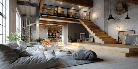 A cozy living room with a large couch and a coffee table, Modern Living Room With Dark Tones And Industrial Design Elements