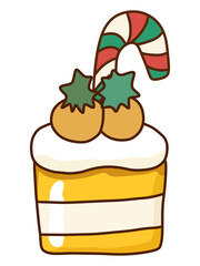 charming cartoon illustration depicts a delightful Christmas dessert, beautifully topped with festive holly berries and a classic candy cane.