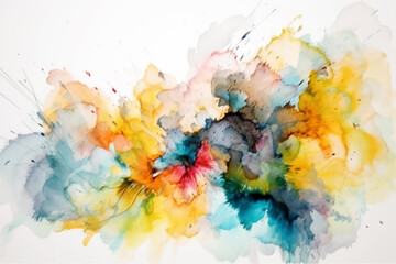 Fototapeta premium Abstract painting with vivid pastel watercolor splashes and stains, featuring soft organic shapes and fluid spontaneous brushstrokes, enhanced by delicate texture details on a pure white background