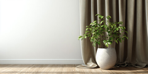 Elegant plant in a pot near beige curtains. Cozy Minimalist Indoor Plant Mockup with White Wall and Wooden Floor