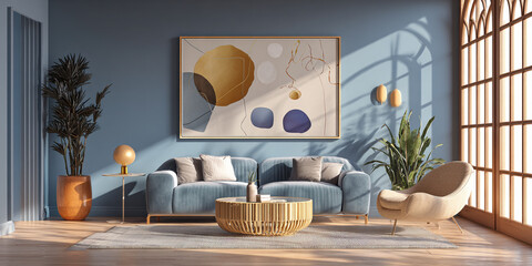 Modern Living Room Interior with Blue Accent Wall and Cozy Sofa, blue sofa in a living room