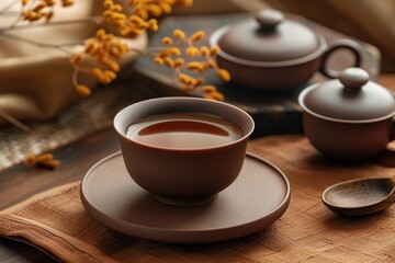 Detailed Color Image of Cup of Oolong Tea and Accessories