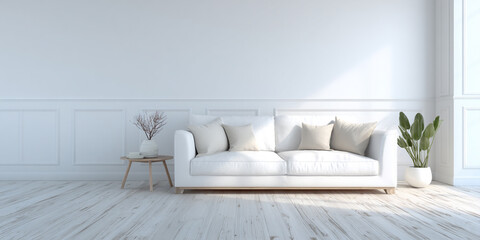 Elegant living room with minimalist decor and natural light, Cozy white sofa against window Scandinavian style home interior design of modern living room