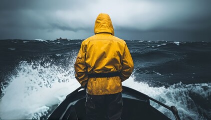 A lone figure wearing a yellow raincoat stands facing turbulent ocean waves, embodying resilience against nature's raw power and unpredictability on a stormy day. 