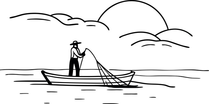 Fisherman casting net from boat at sunrise silhouette