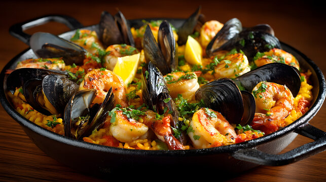 Spanish paella with shrimp, mussels and saffron rice
