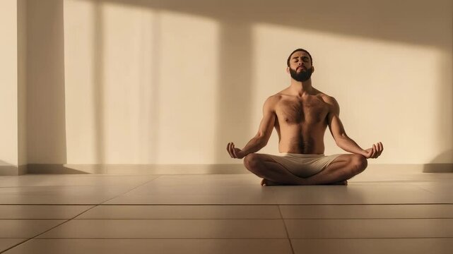 Sunlight streaming through minimalist room, young man sitting cross legged and practicing meditation, embodying inner peace and wellness with calm concentration