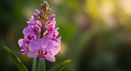 Fototapeta premium Delicate Orchid Bloom A Symphony of Purple Hues Awaiting The Gentle Touch of Sunlight Within A Verdant Garden Oasis