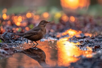 female Blackbird Turdus merula on the forest puddle amazing warm light sunset sundown