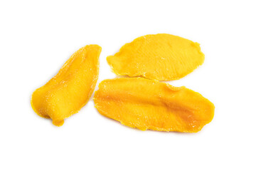 Dried Mango isolated on white on brown wooden. Side view, close up