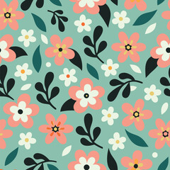 Delightful floral pattern with pink flowers dark leaves and light green accents on turquoise background