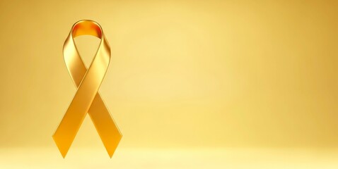 Childhood Cancer Awareness Month. Celebrated annually in September. Golden yellow ribbon symbol on yellow background, banner with copy space. Pediatric oncology. Treatment of tumors in children.